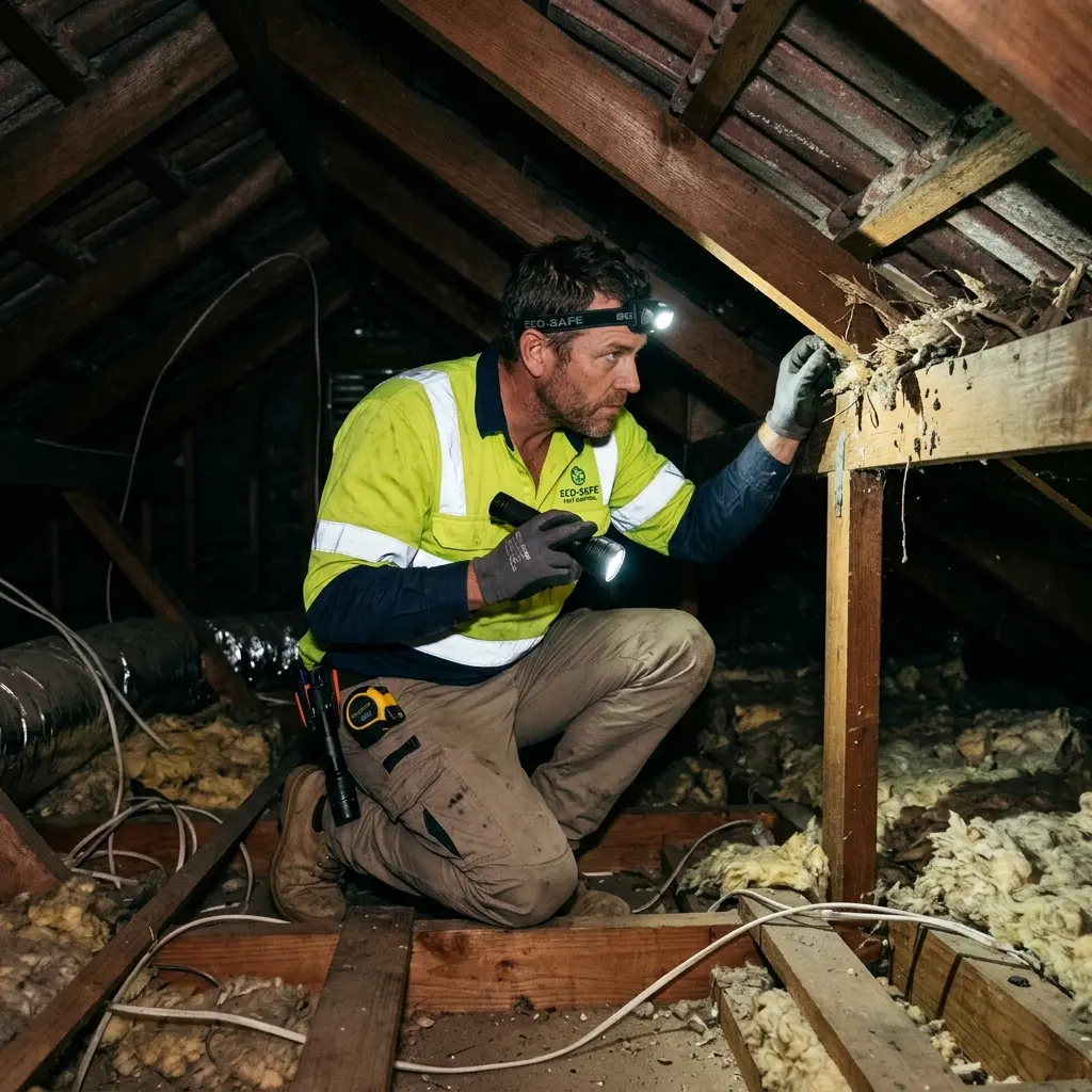 Technician inspecting a Botanic Ridge roof cavity for a dead possum