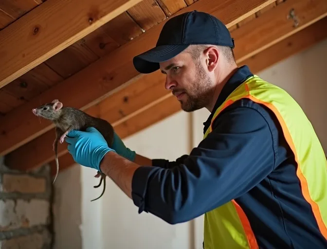 Technician inspecting a roof cavity for a dead rat in Botanic Ridge